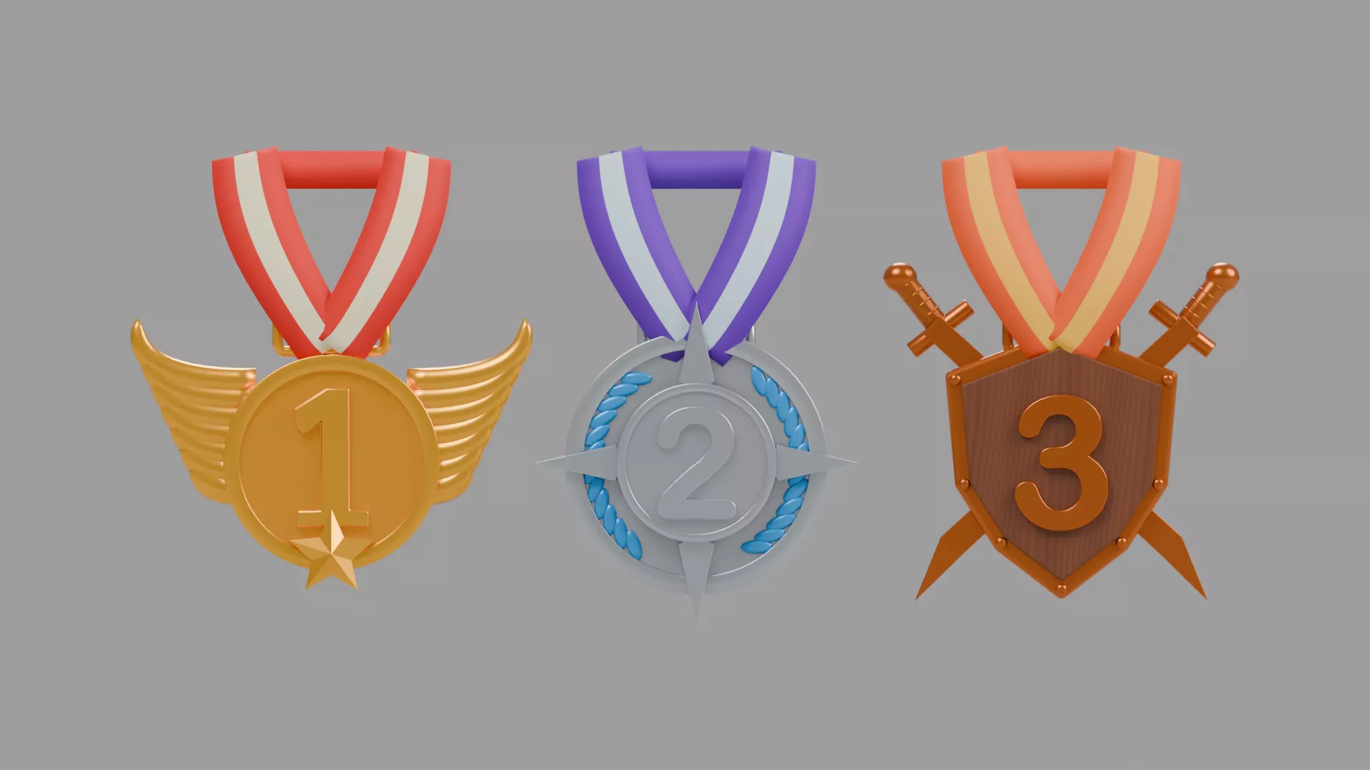 Winged Victory Medal Trio with Laurel Details Low-poly 3D model