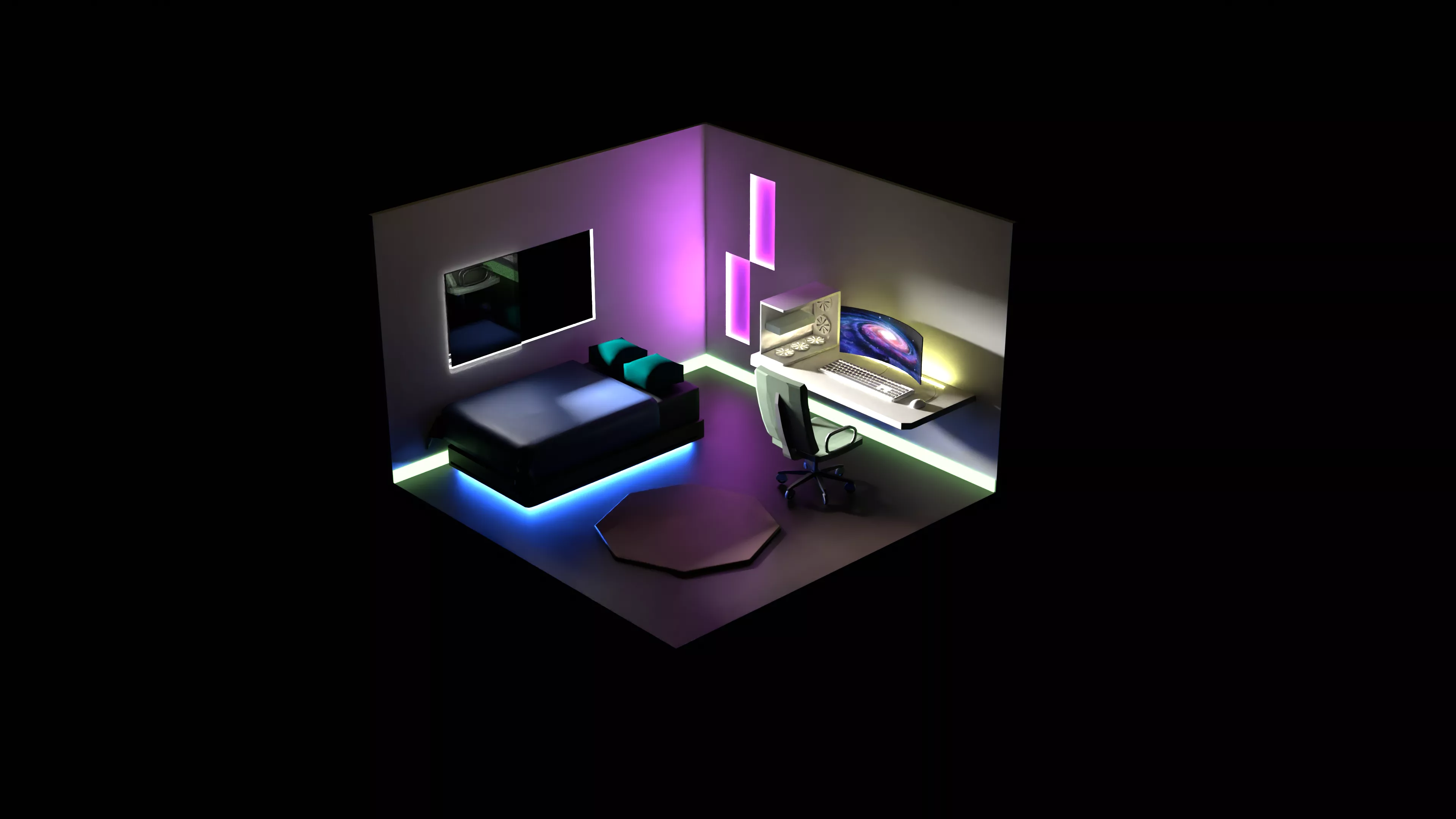 Isometric Gaming Room Bedroom Setup Free low-poly 3D model