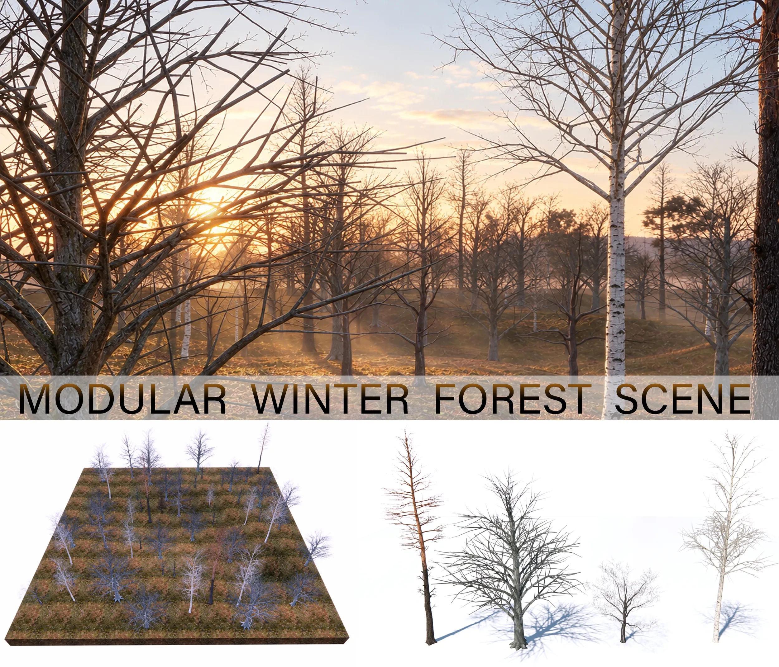 Modular Winter Forest Scene - Leafless Trees and Terrain Low-poly 3D model