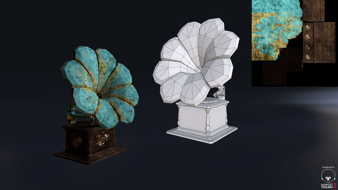 Phonograph gramophone with flowers Low-poly 3D model