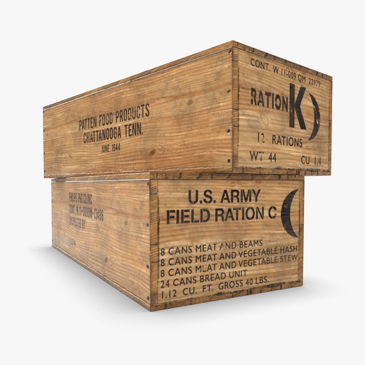 US K and C Rations wooden crate WWII Low-poly 3D model_6