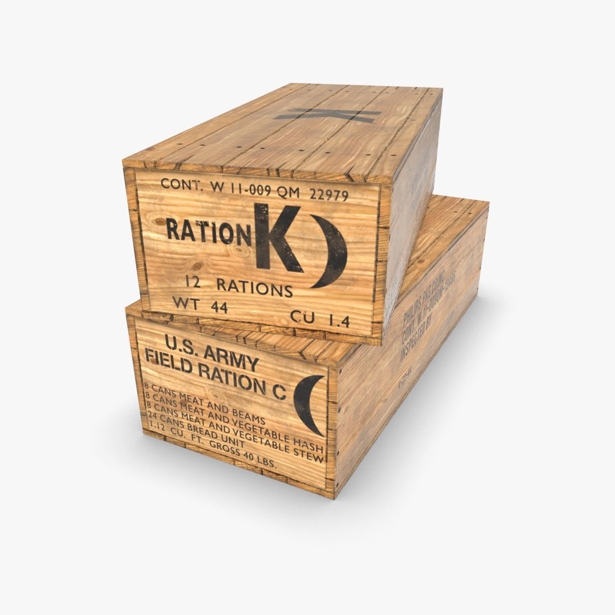 US K and C Rations wooden crate WWII Low-poly 3D model_1