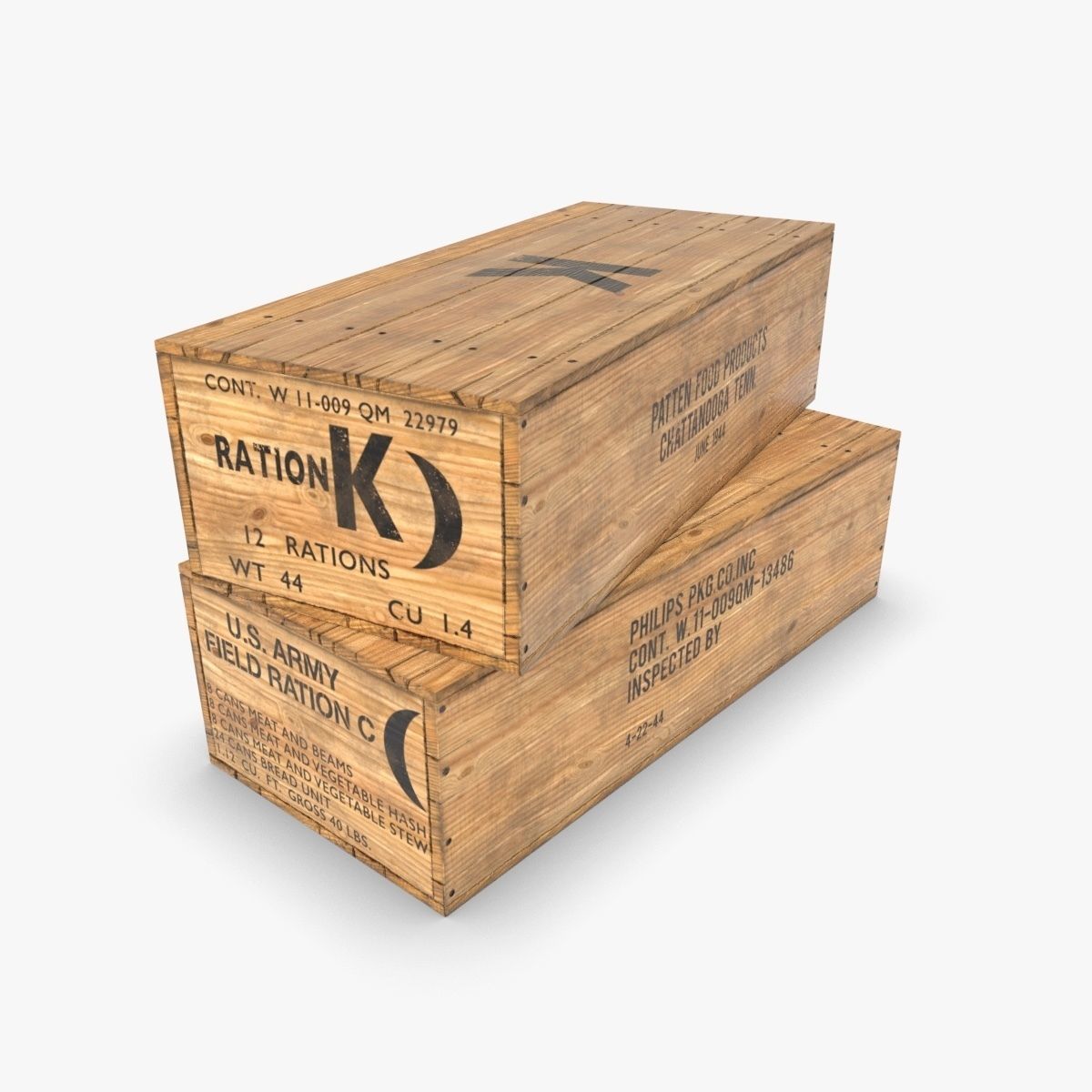 US K and C Rations wooden crate WWII Low-poly 3D model_0