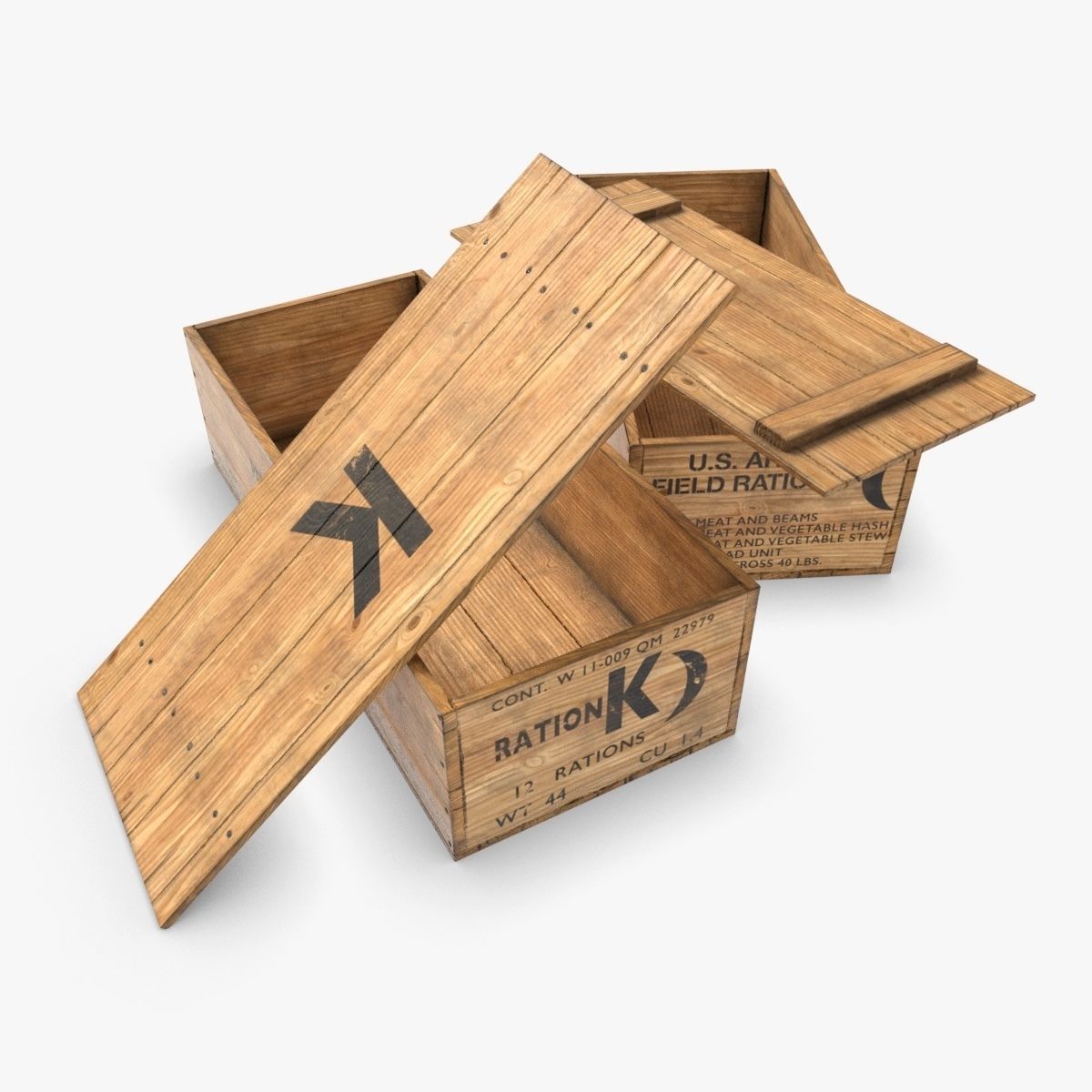 US K and C Rations wooden crate WWII Low-poly 3D model_8