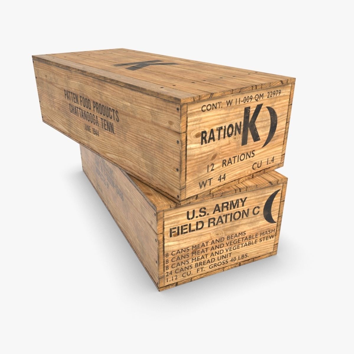 US K and C Rations wooden crate WWII Low-poly 3D model_2