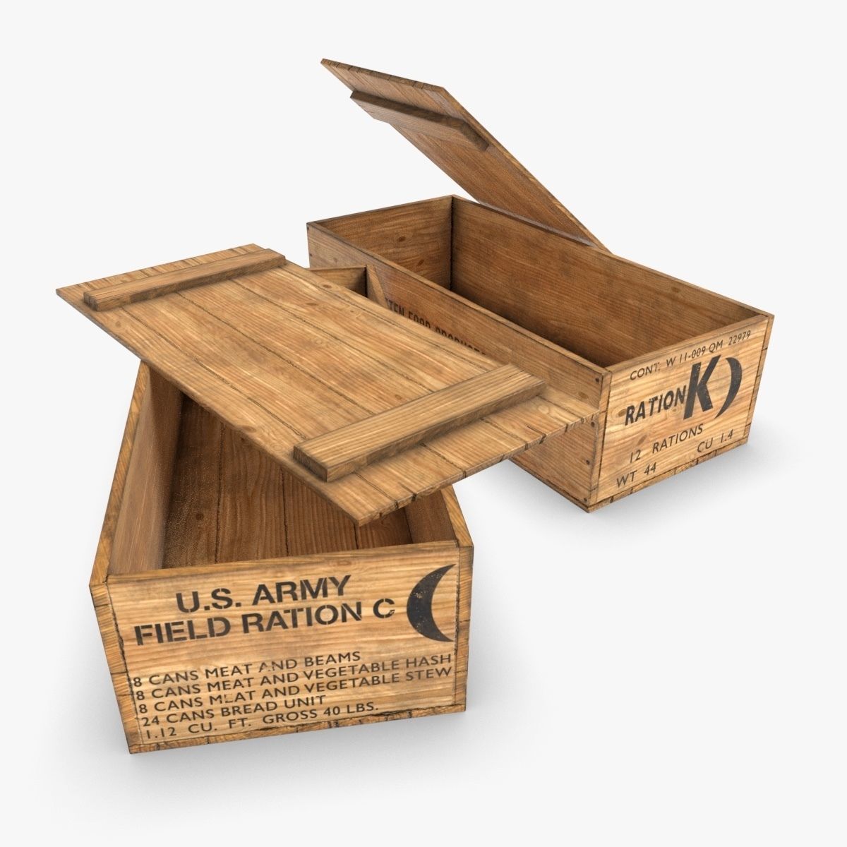 US K and C Rations wooden crate WWII Low-poly 3D model_9