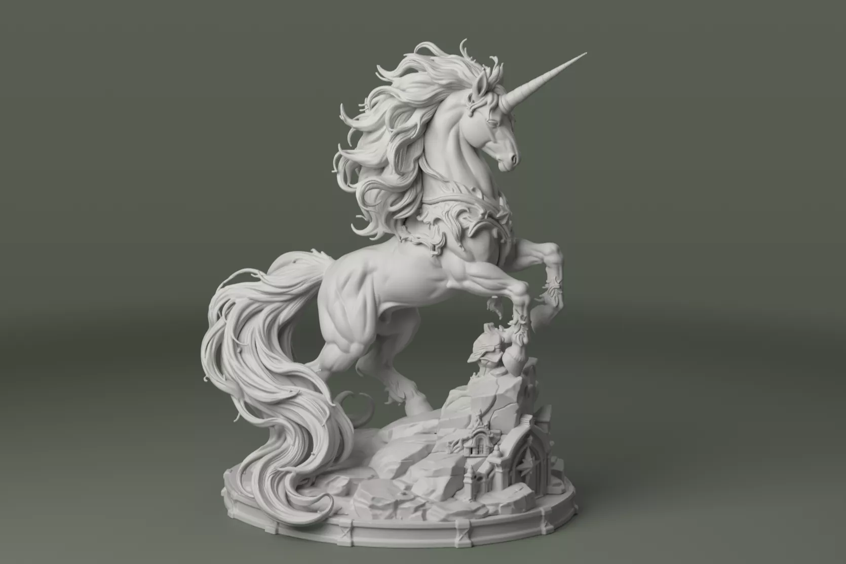 Royal Unicorn Statue with Flowing Mane and Fantasy Base 3D print model