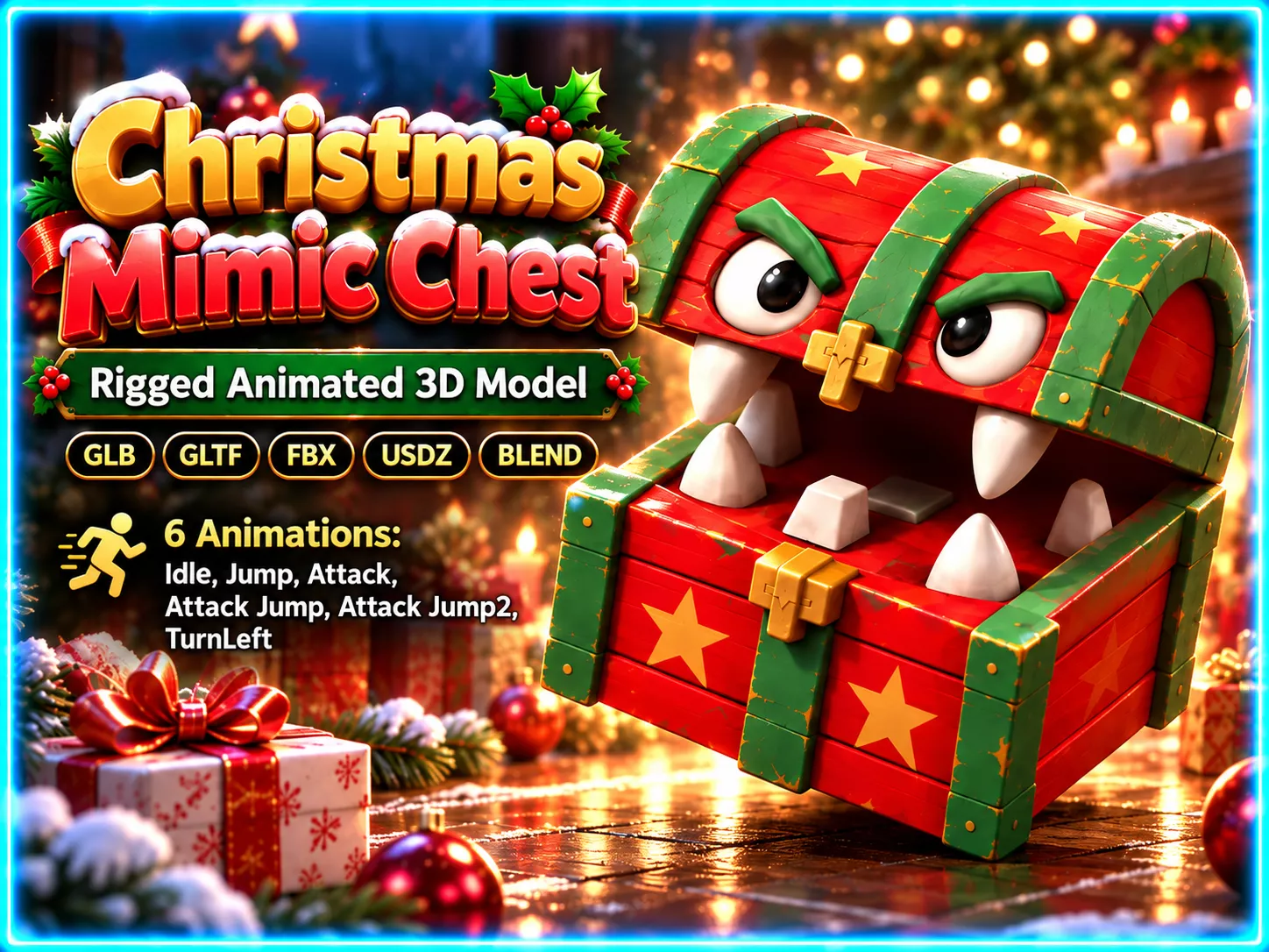 Christmas Mimic Chest Rigged Animated 3D Monster 7 Animations Low-poly 3D model