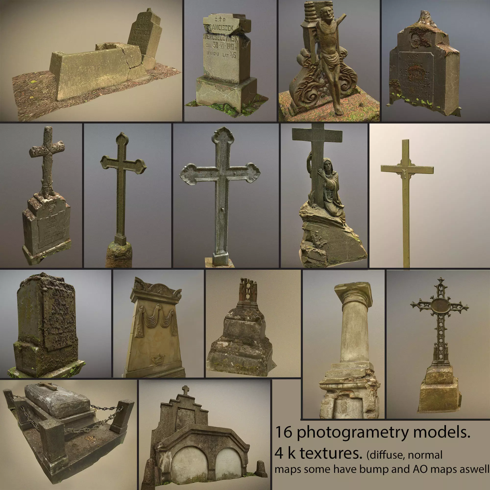 Cemetery graveyard thombstones crosses and a crypt Low-poly 3D model_0