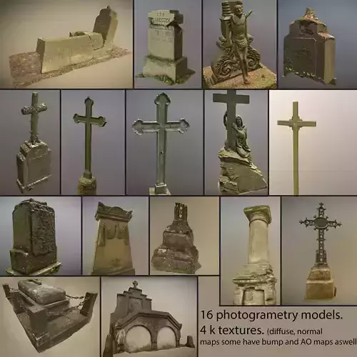 Cemetery graveyard thombstones crosses and a crypt Low-poly 3D model