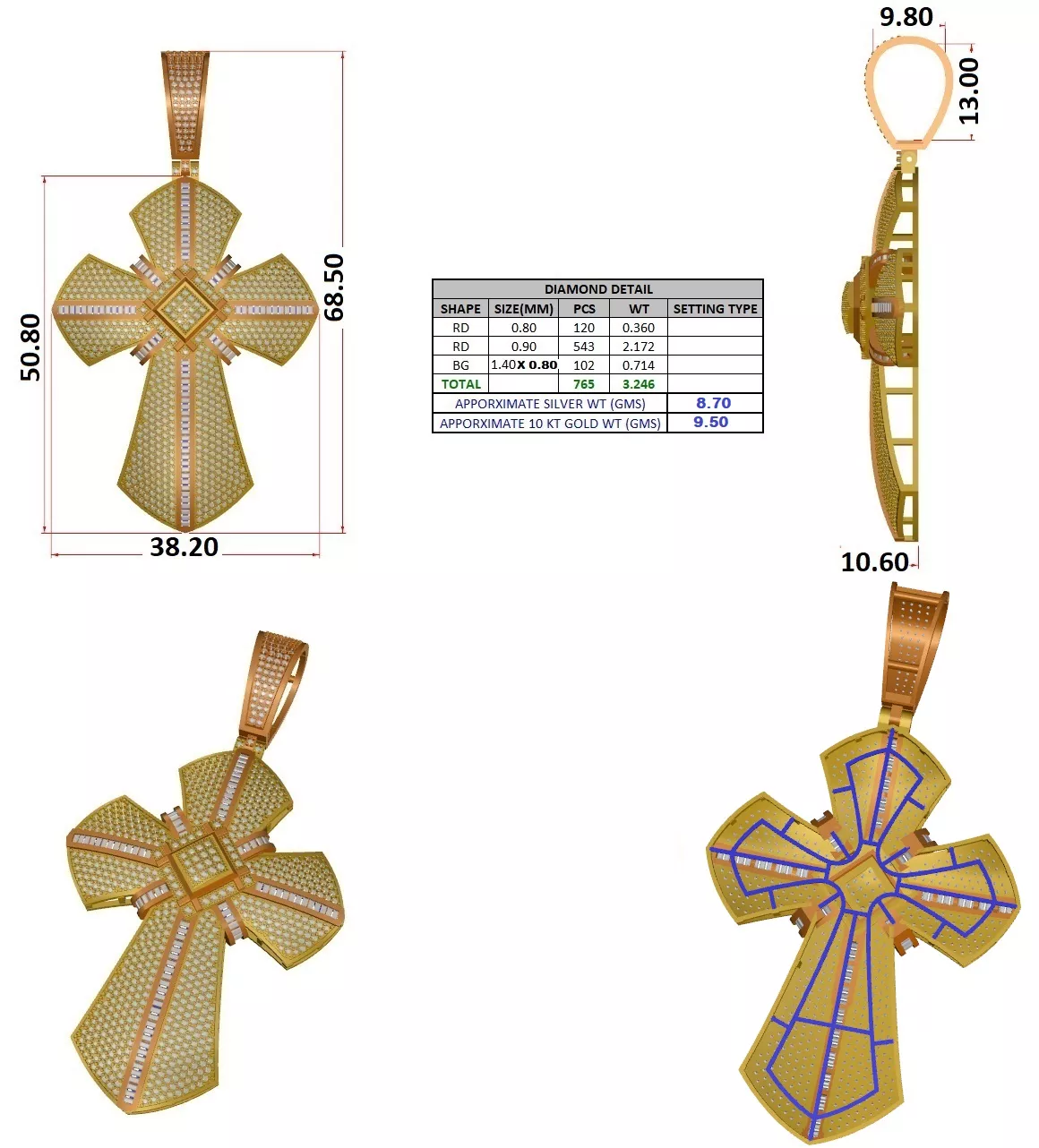 Large Pave Diamond Gold Cross Pendant CAD File Rhino 3DM 3D model 3D ...