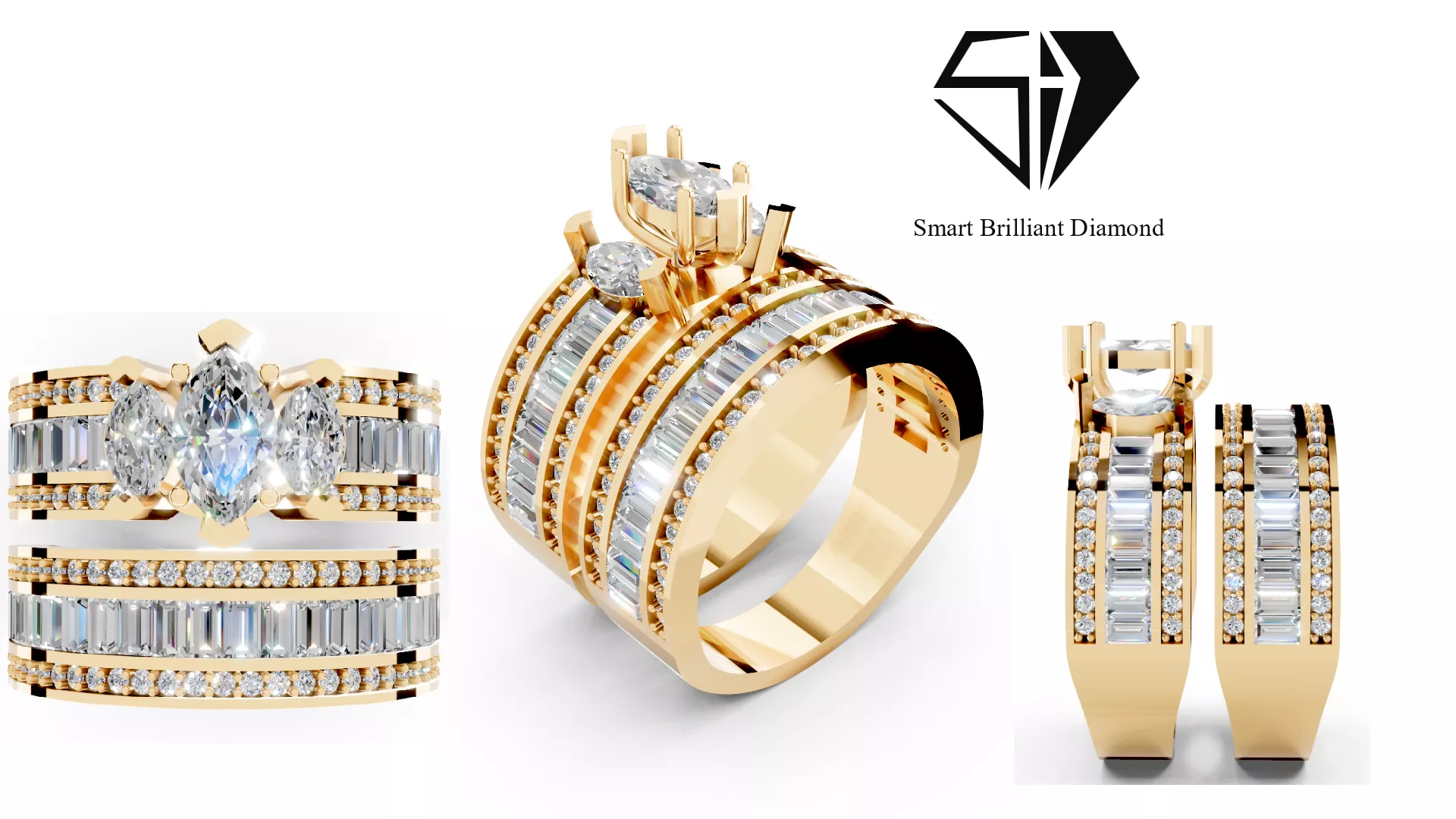 Gold Wedding Ring Set with Marquise Baguette Diamonds 3D wr0008 3D print model