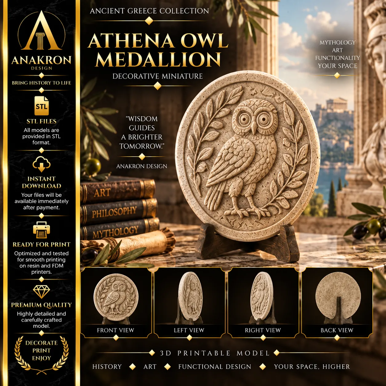 Athena Owl Medallion STL Greek Coin Decorative Plaque 3D print model