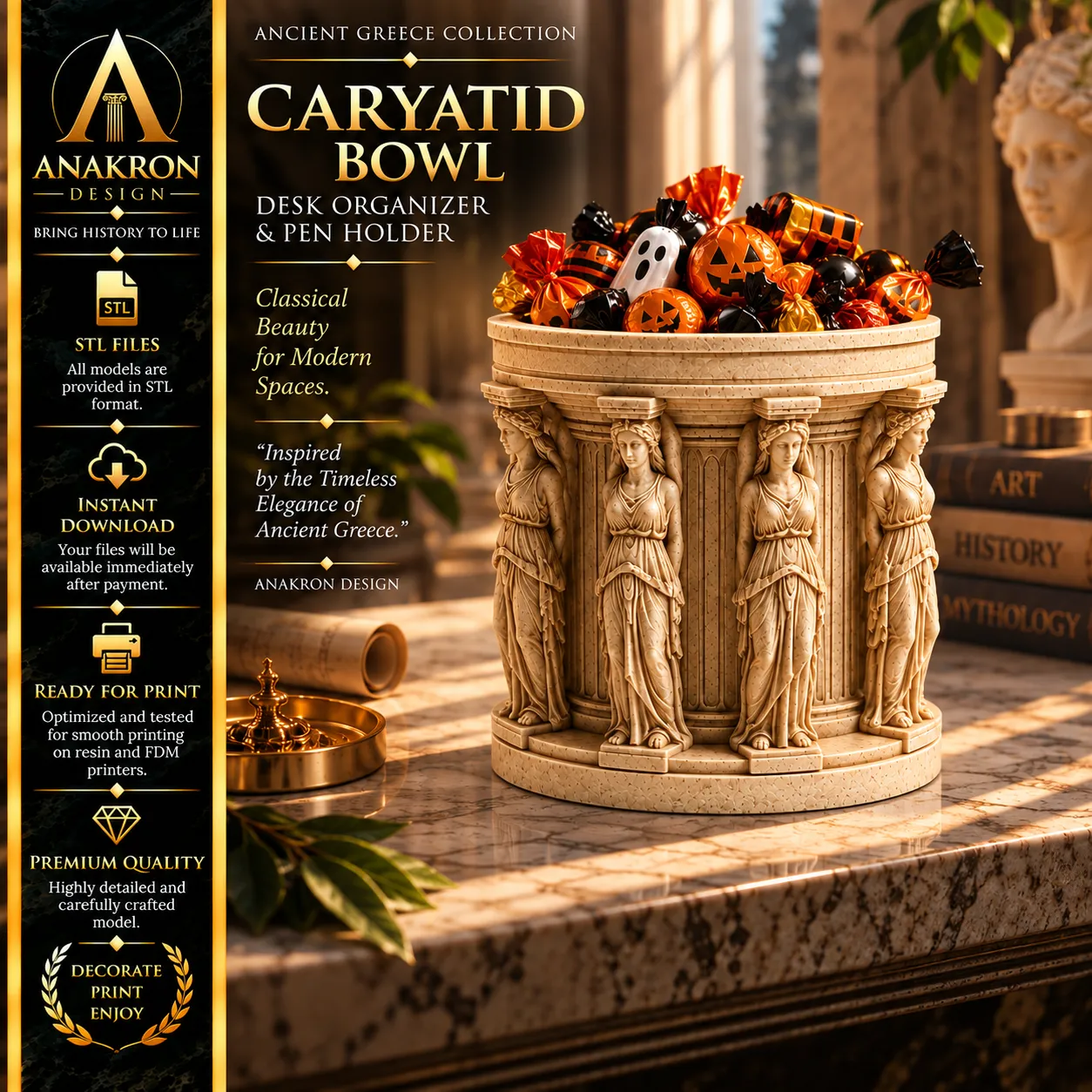 Greek Caryatid Bowl STL Classical Candy Dish Desk Organizer 3D print model