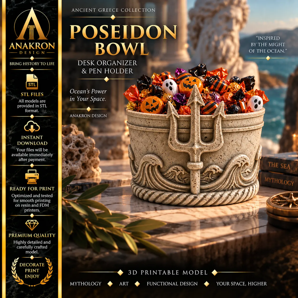 Poseidon Bowl STL Greek Sea God Trident Decorative Candy Bowl 3D print model