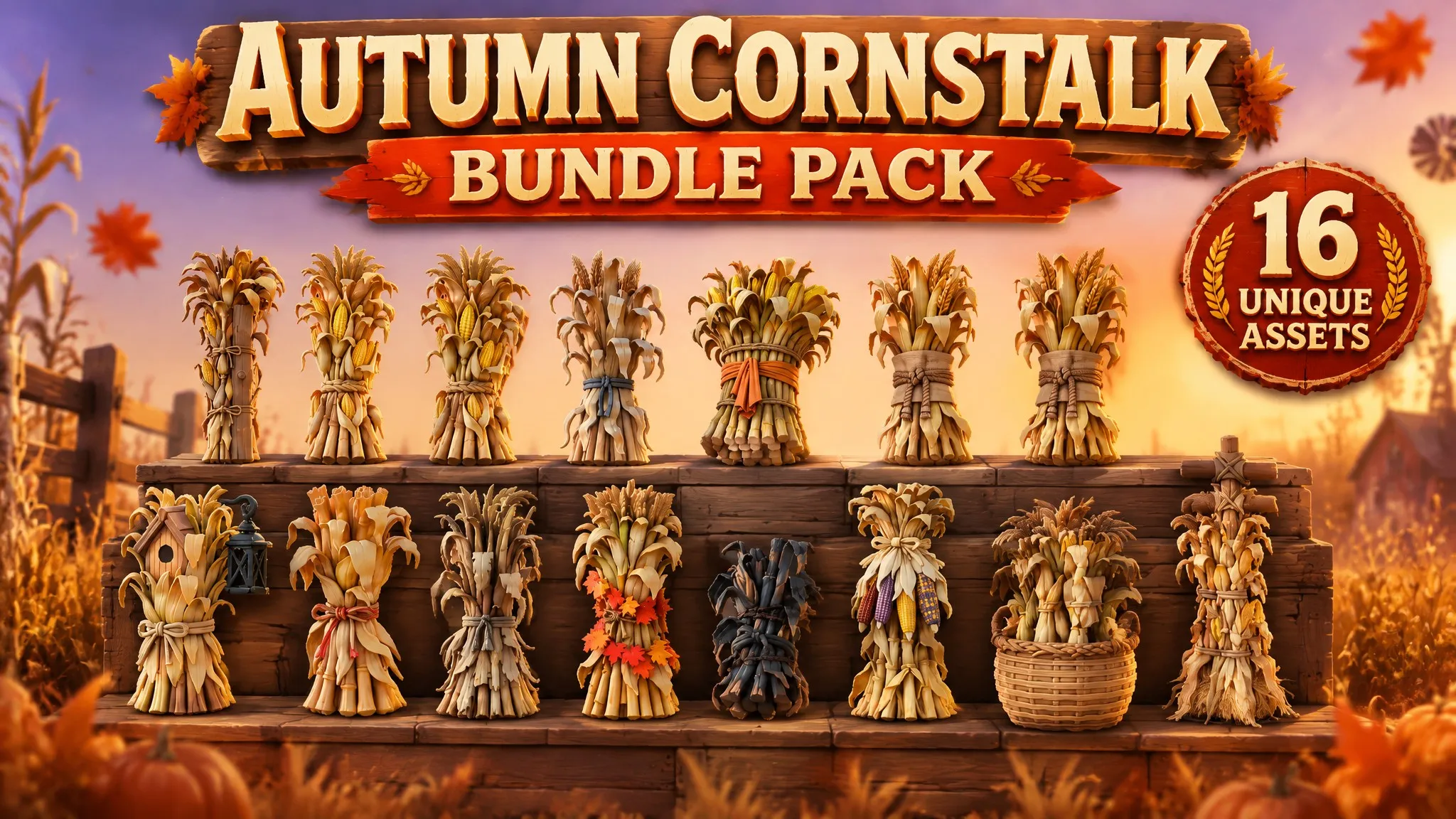 Autumn Cornstalk Bundle Pack Low-poly 3D model