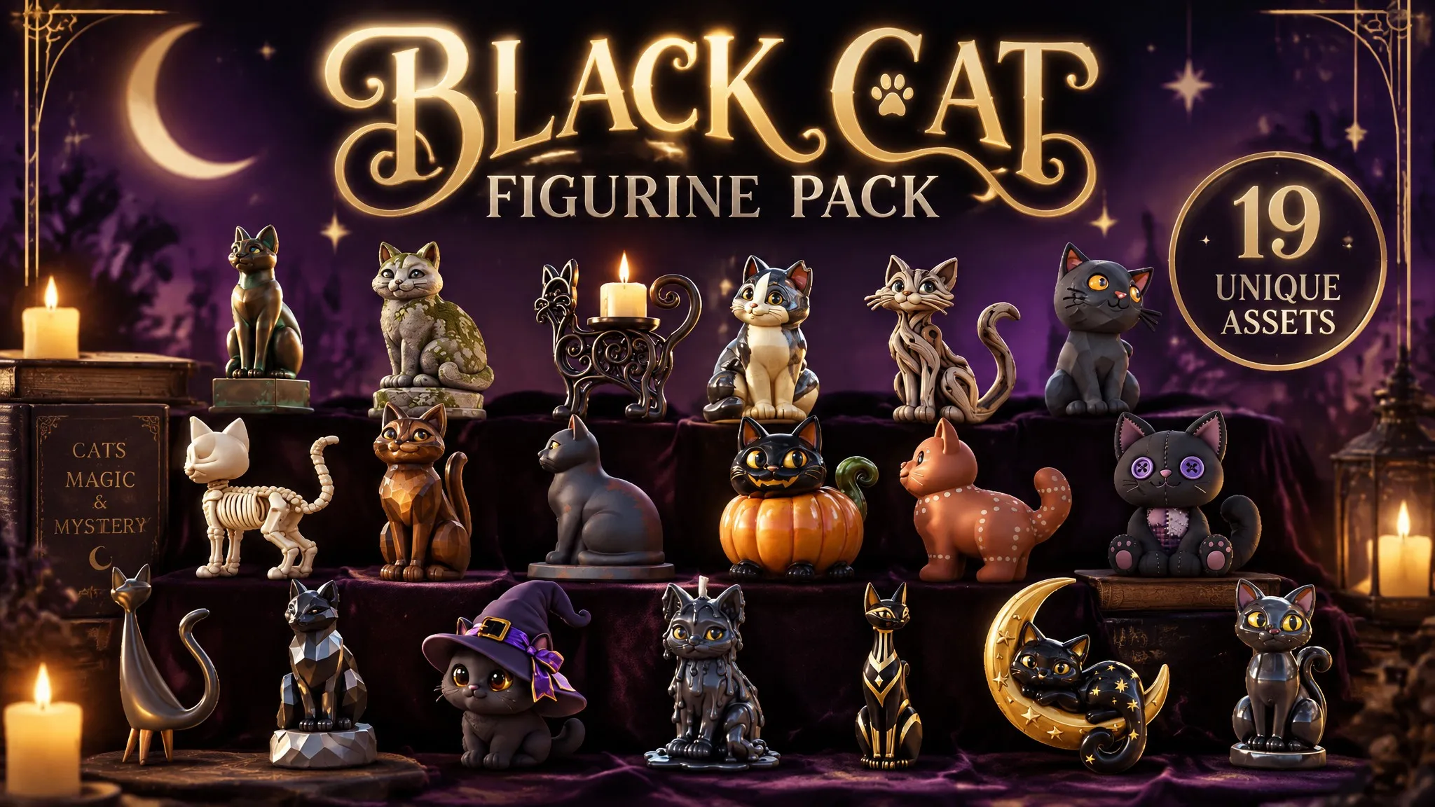 Black Cat Figurine Pack Low-poly 3D model