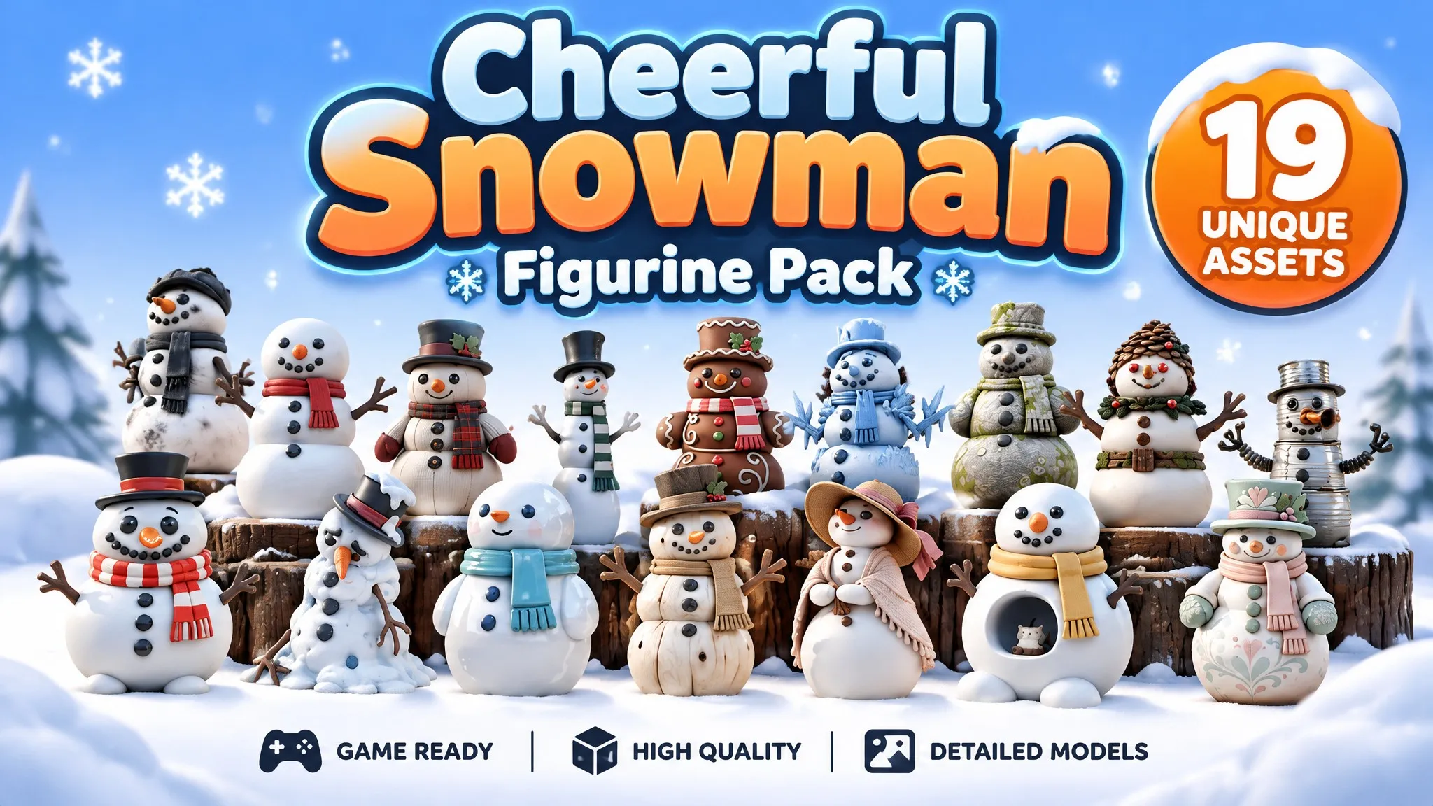 Cheerful Snowman Figurine Pack Low-poly 3D model