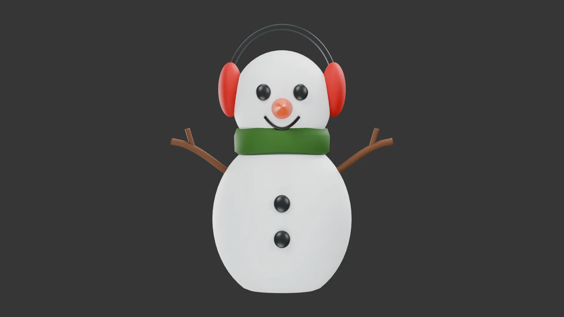 Stylized Snowman with Red Earmuffs and Green Scarf Low-poly 3D model