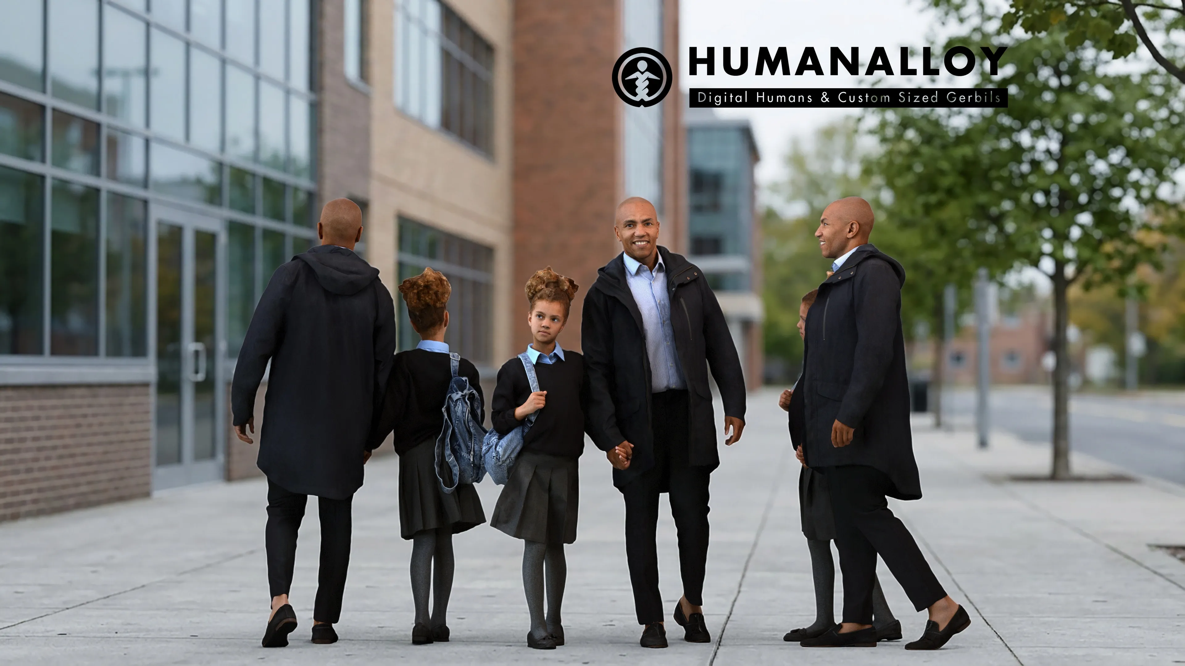Adult Black man walking with daughter in transitional seasonal 3D model