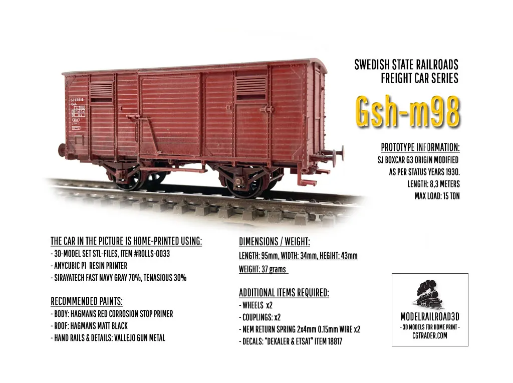 ROLLS-0033 Swedish Boxcar BJ Litt Gsh-m98 H0-scale 3D print model