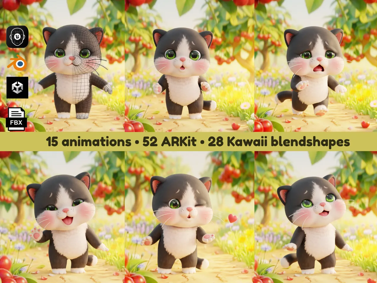Cat Tuxedo Rigged Animated 52 ARKit 28 Kawaii Blendshapes Low-poly 3D model