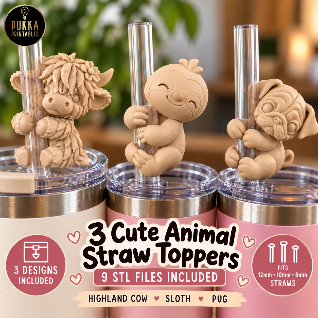 Cute Animal Straw Topper Bundle STL Highland Cow Sloth and pug 3D print model