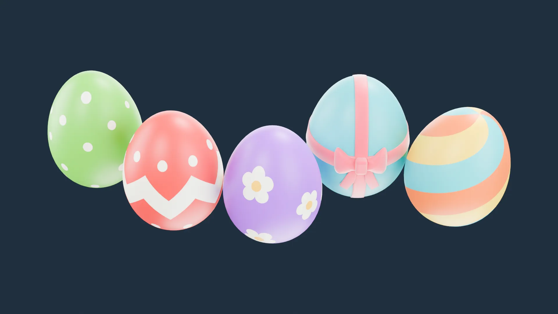 Set of Five Pastel Easter Eggs with Stripes and Bows Low-poly 3D model
