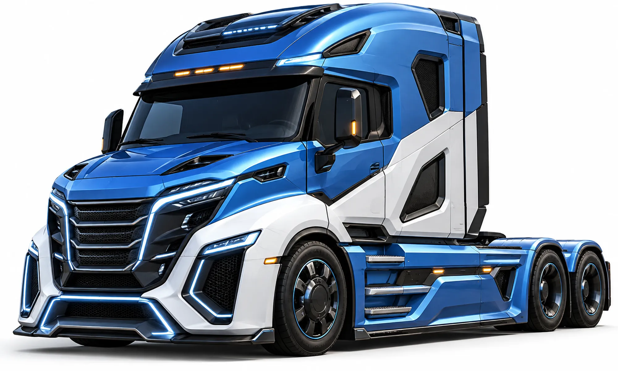 Futuristic Aerodynamic Blue White Heavy Duty Semi Truck Tractor 3D ...