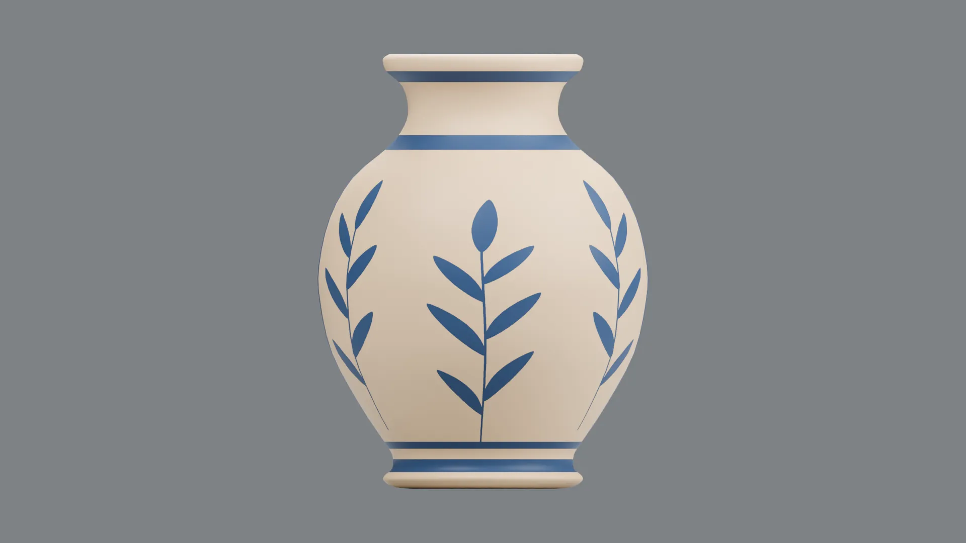 Round Cream Decorative Vase with Blue Leaves Low-poly 3D model