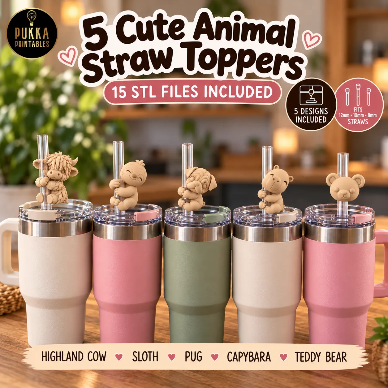 Cute Animal Straw Topper Bundle STL Tumbler Accessory 3D print model