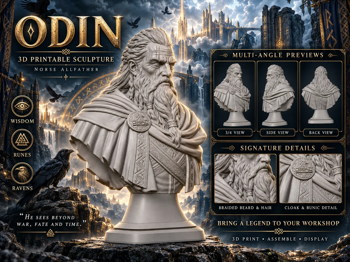 Odin Allfather Norse God Bust 3D print model
