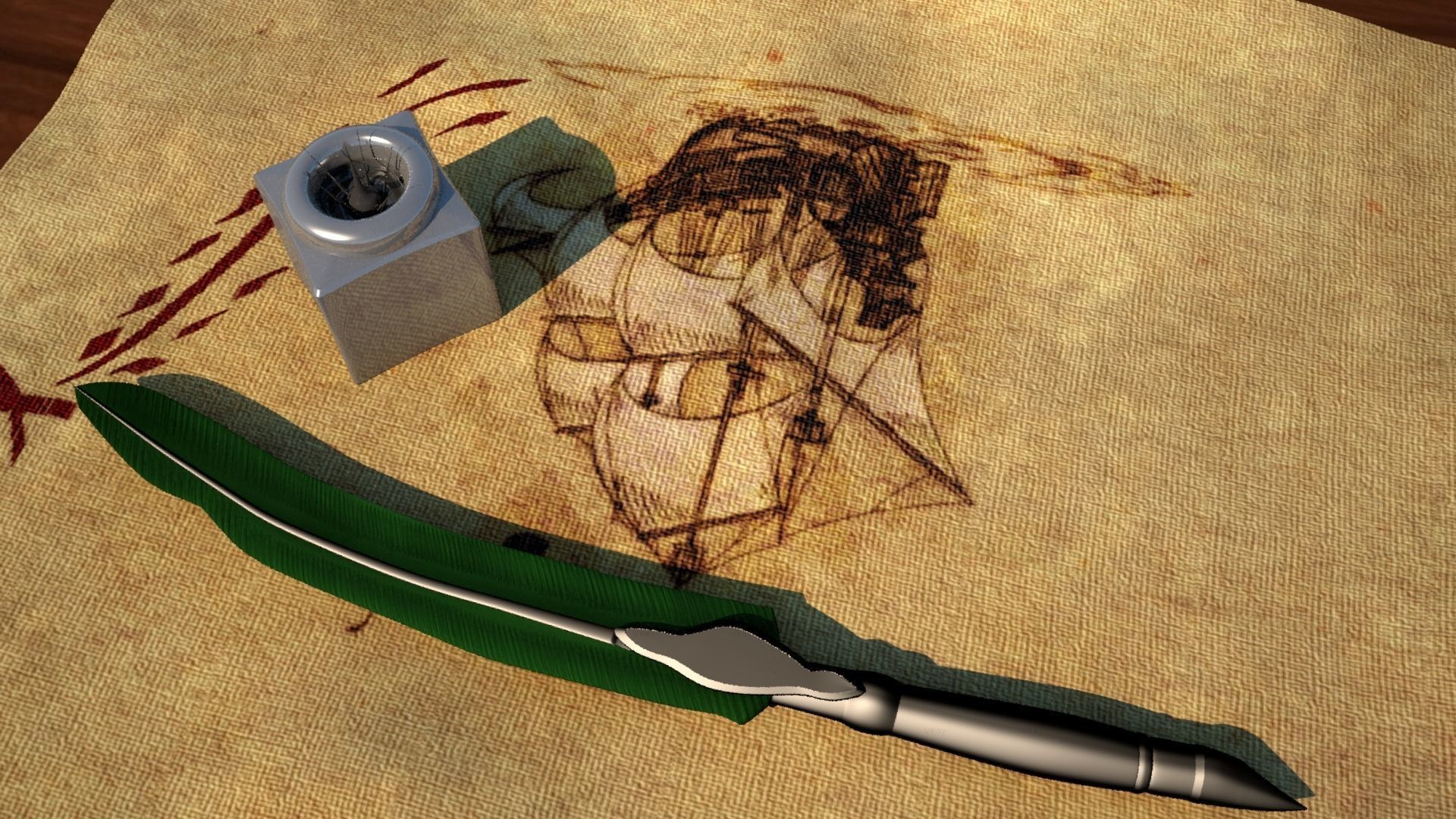 Pen And Paper Classic With Ink Bottle Low-poly 3D model_2