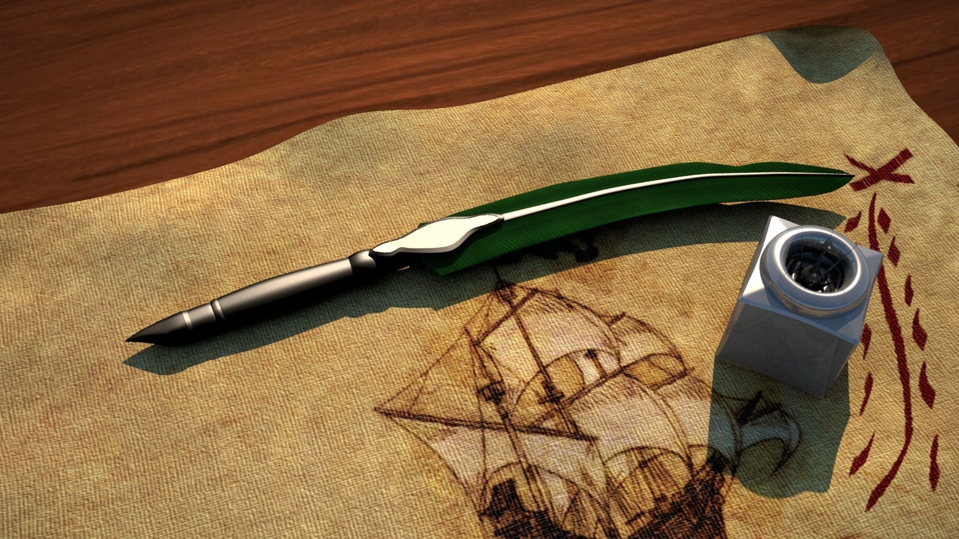 Pen And Paper Classic With Ink Bottle Low-poly 3D model_0