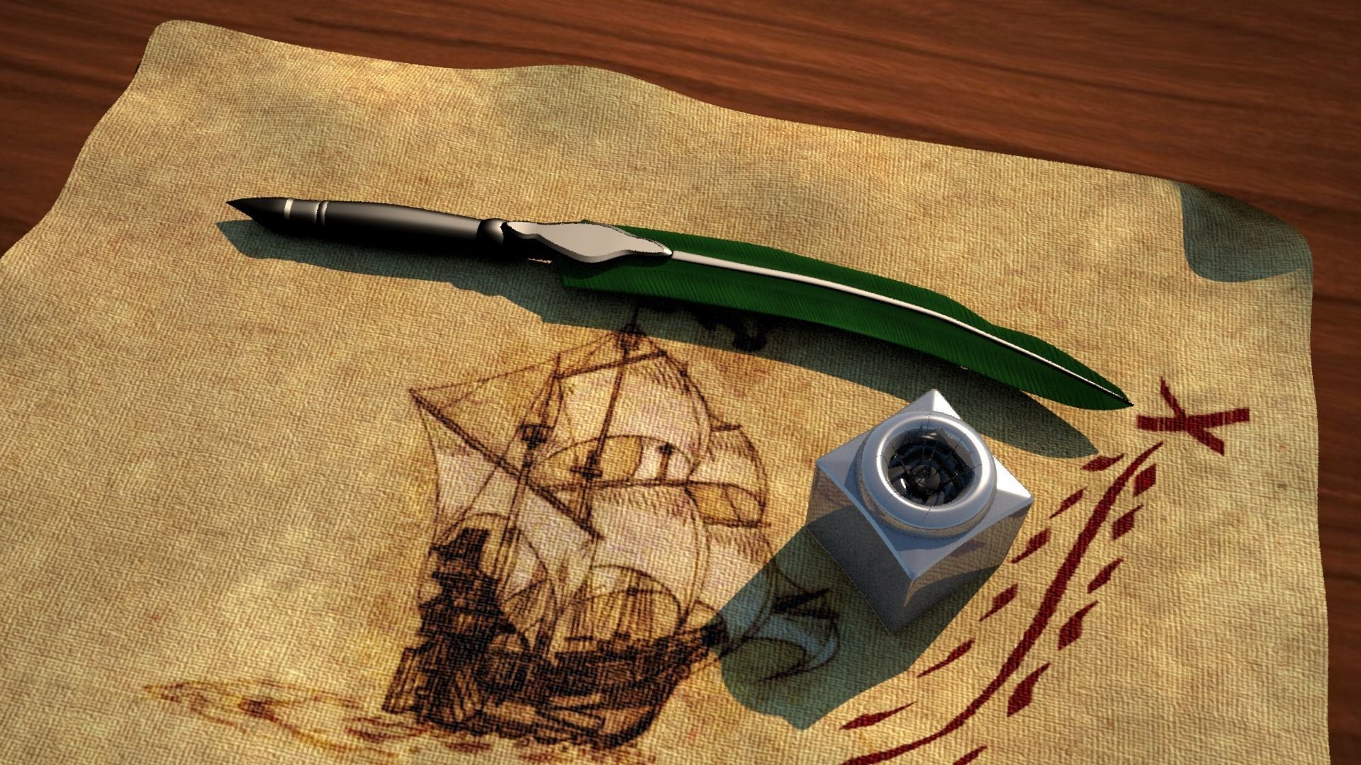 Pen And Paper Classic With Ink Bottle Low-poly 3D model_1