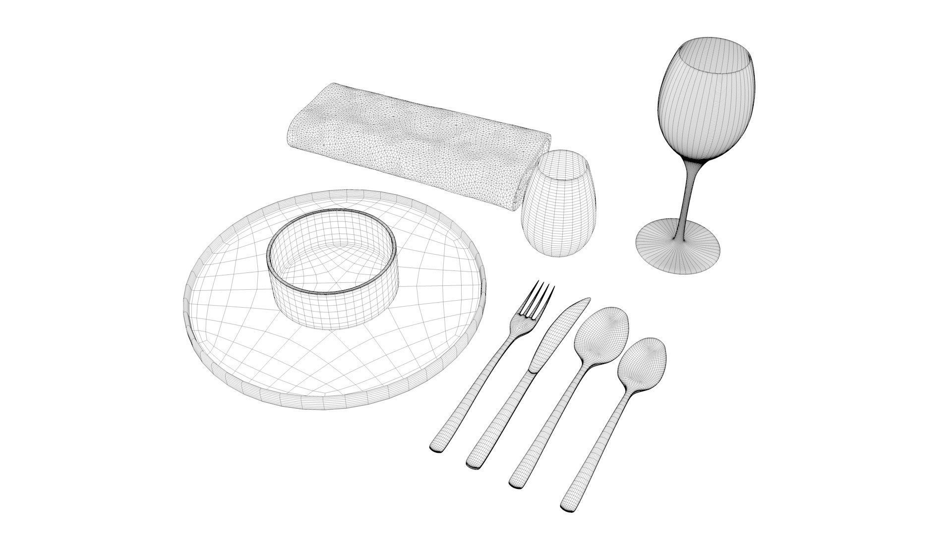 Cutlery set table setting with silverware and plates 3D model_2