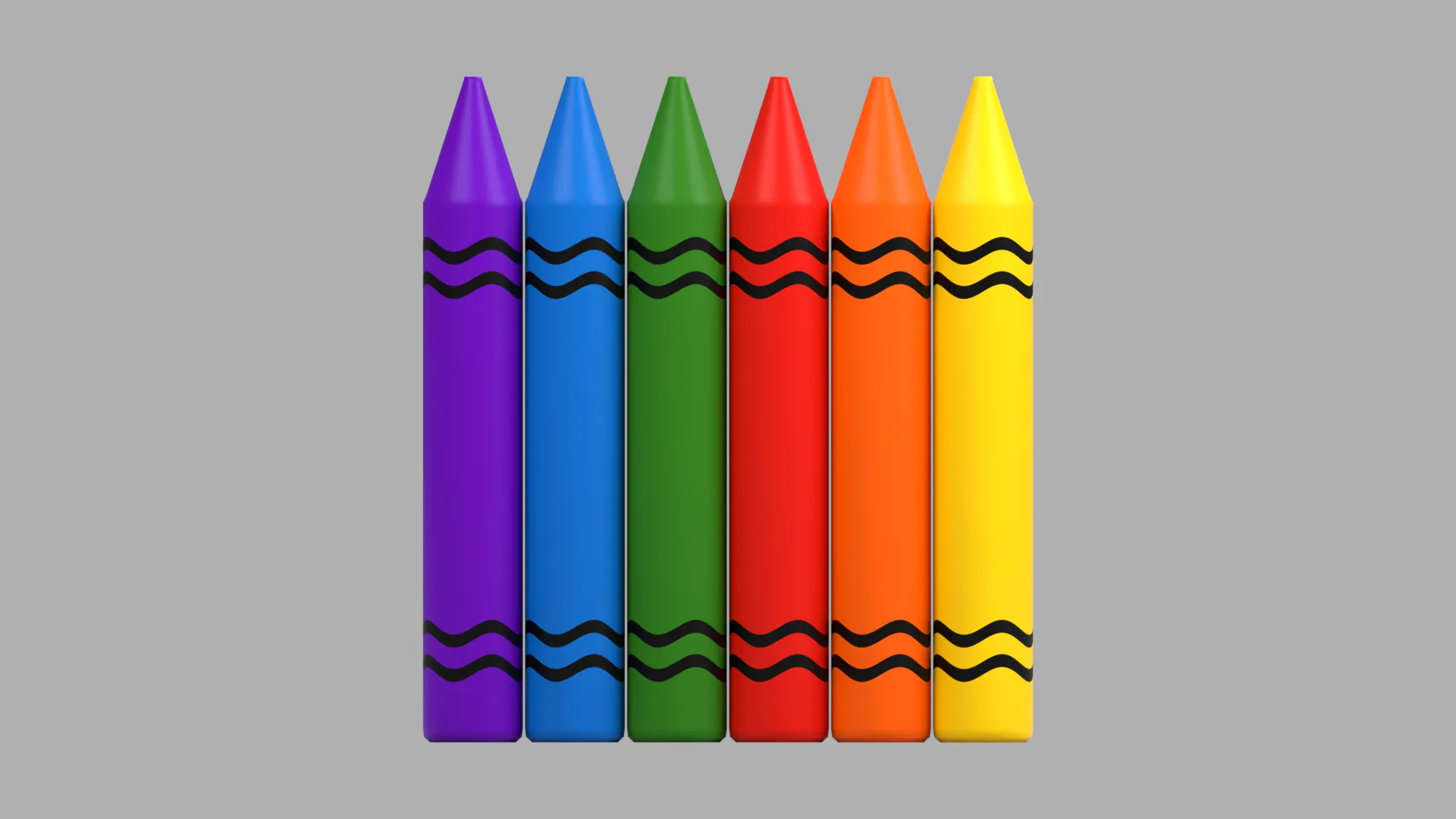 Six Colorful Crayons with Black Wavy Bands Low-poly 3D model