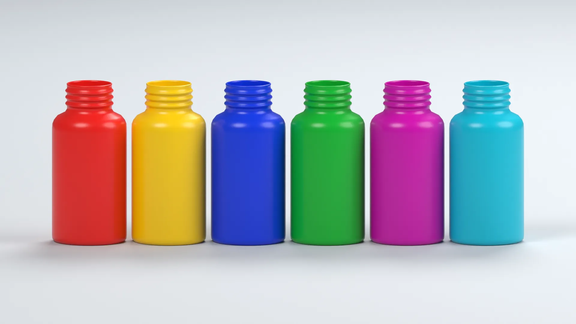 Six Tall Pill Bottles in Rainbow Colors Low-poly 3D model