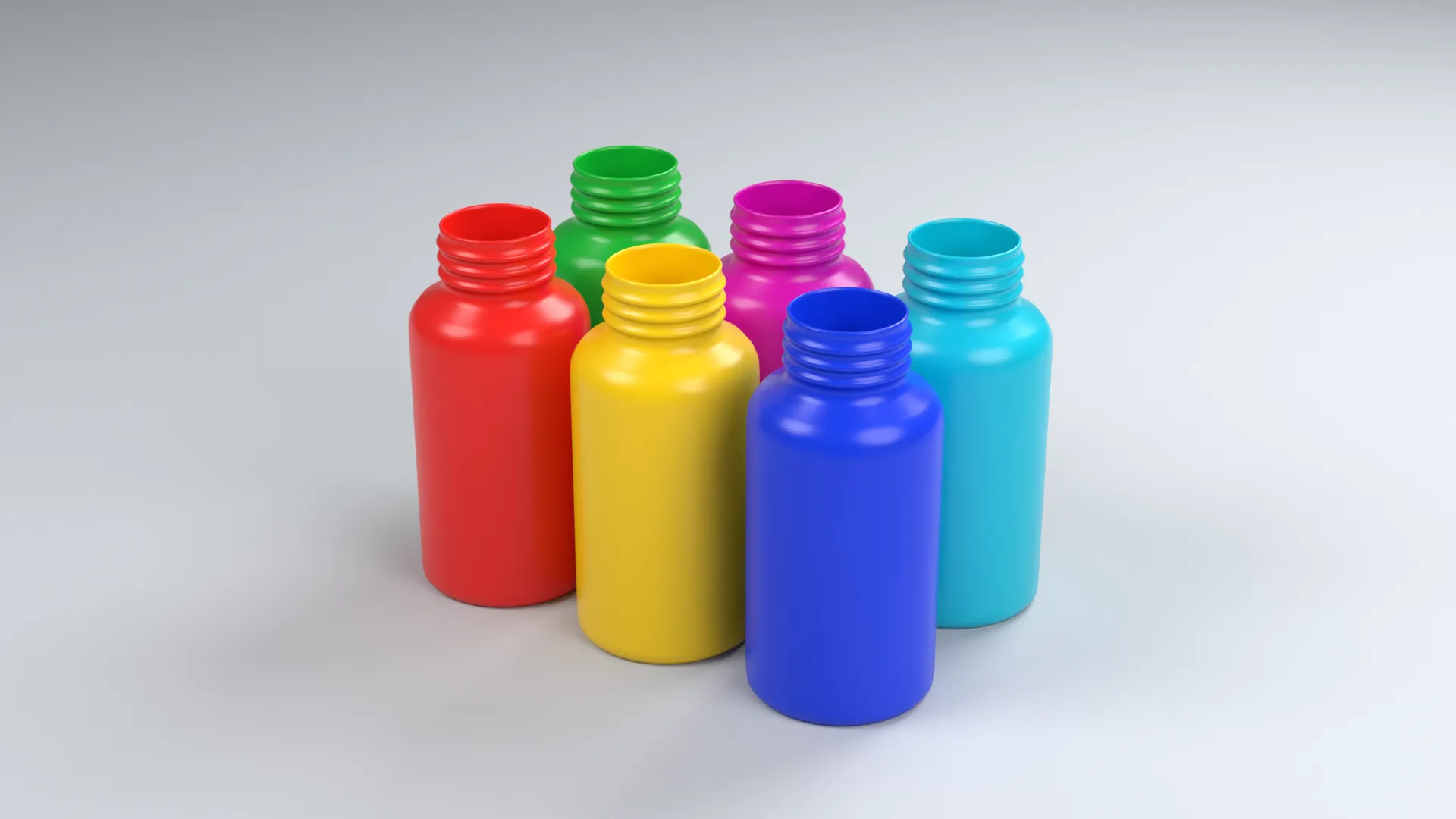 Six Pill Bottles with Contrasting Colored Necks Low-poly 3D model