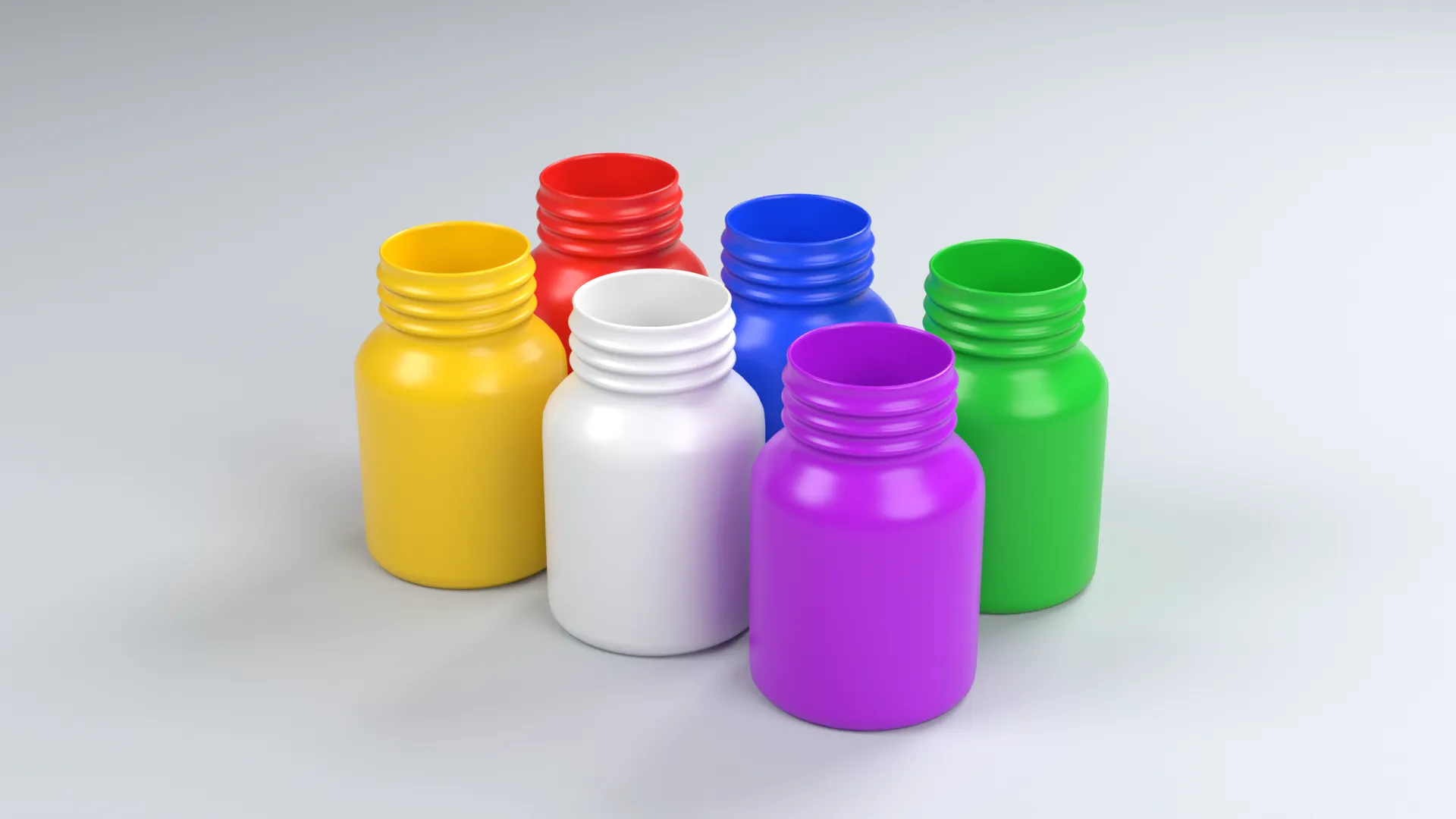 Six Short Pill Bottles in Bright Colors Low-poly 3D model
