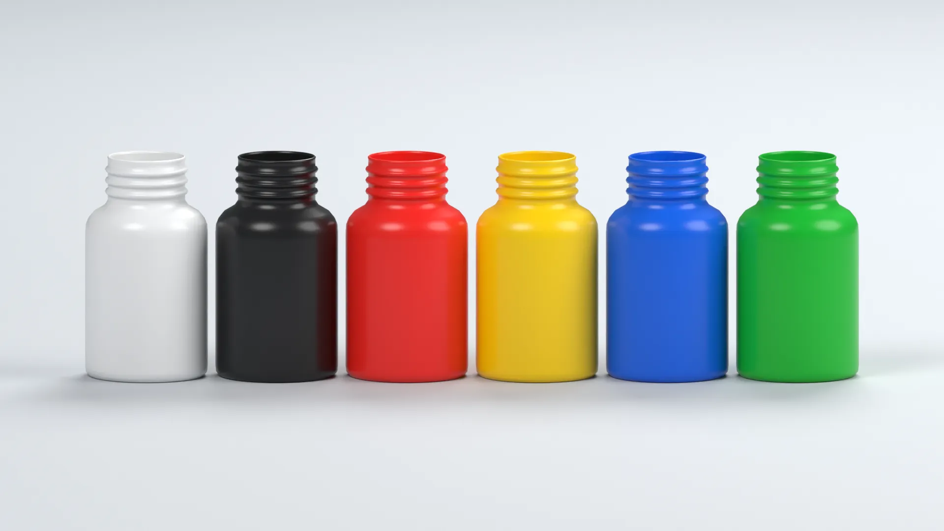 Six Pill Bottles in White Black Red Yellow Blue and Green Low-poly 3D model