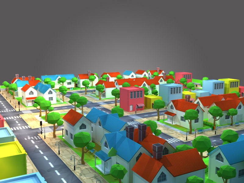Housing Low-Poly city with houses and roads Low-poly 3D model_2