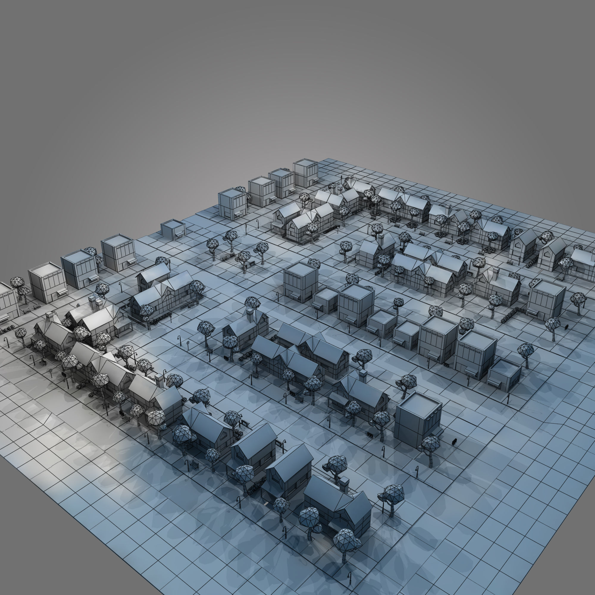 Housing Low-Poly city with houses and roads Low-poly 3D model_3