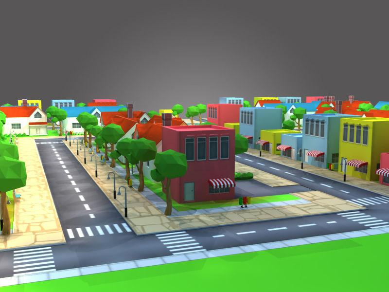 Housing Low-Poly city with houses and roads Low-poly 3D model_1