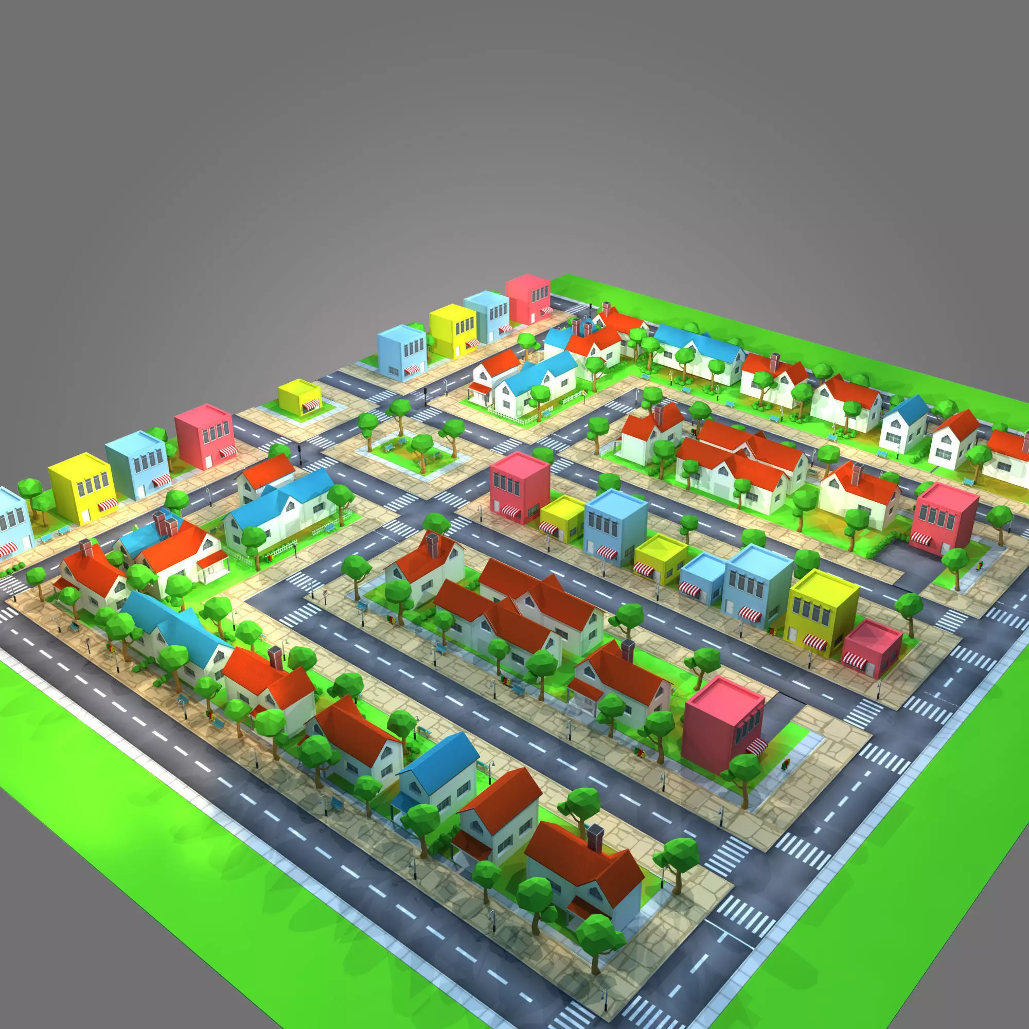 Housing Low-Poly city with houses and roads Low-poly 3D model_0