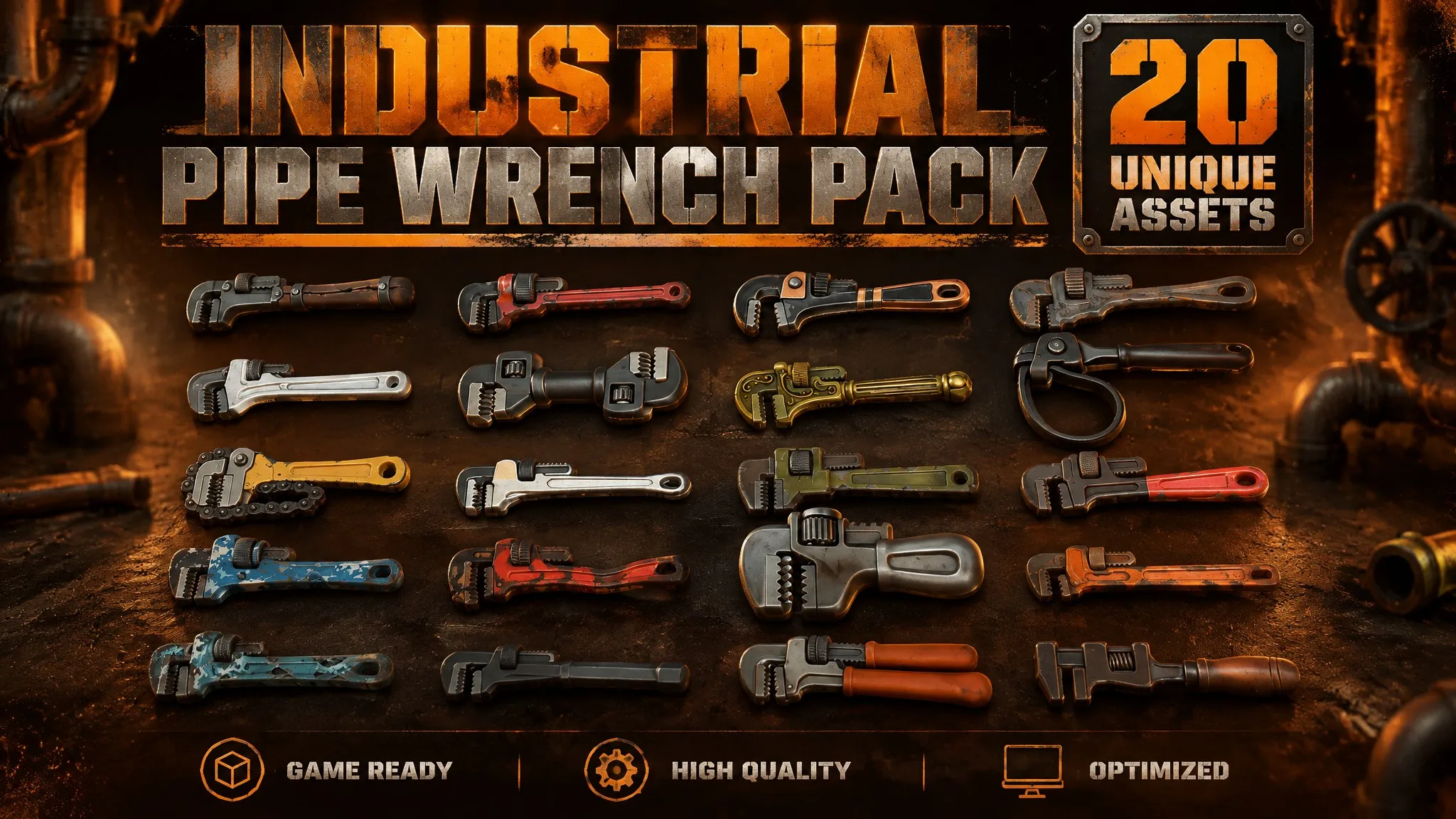 Industrial Pipe Wrench Pack Low-poly 3D model
