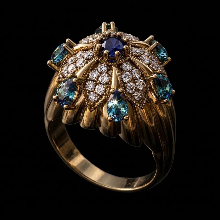Womens High Jewelry 18K Gold Diamond Sapphire Dome Ring 3D print model