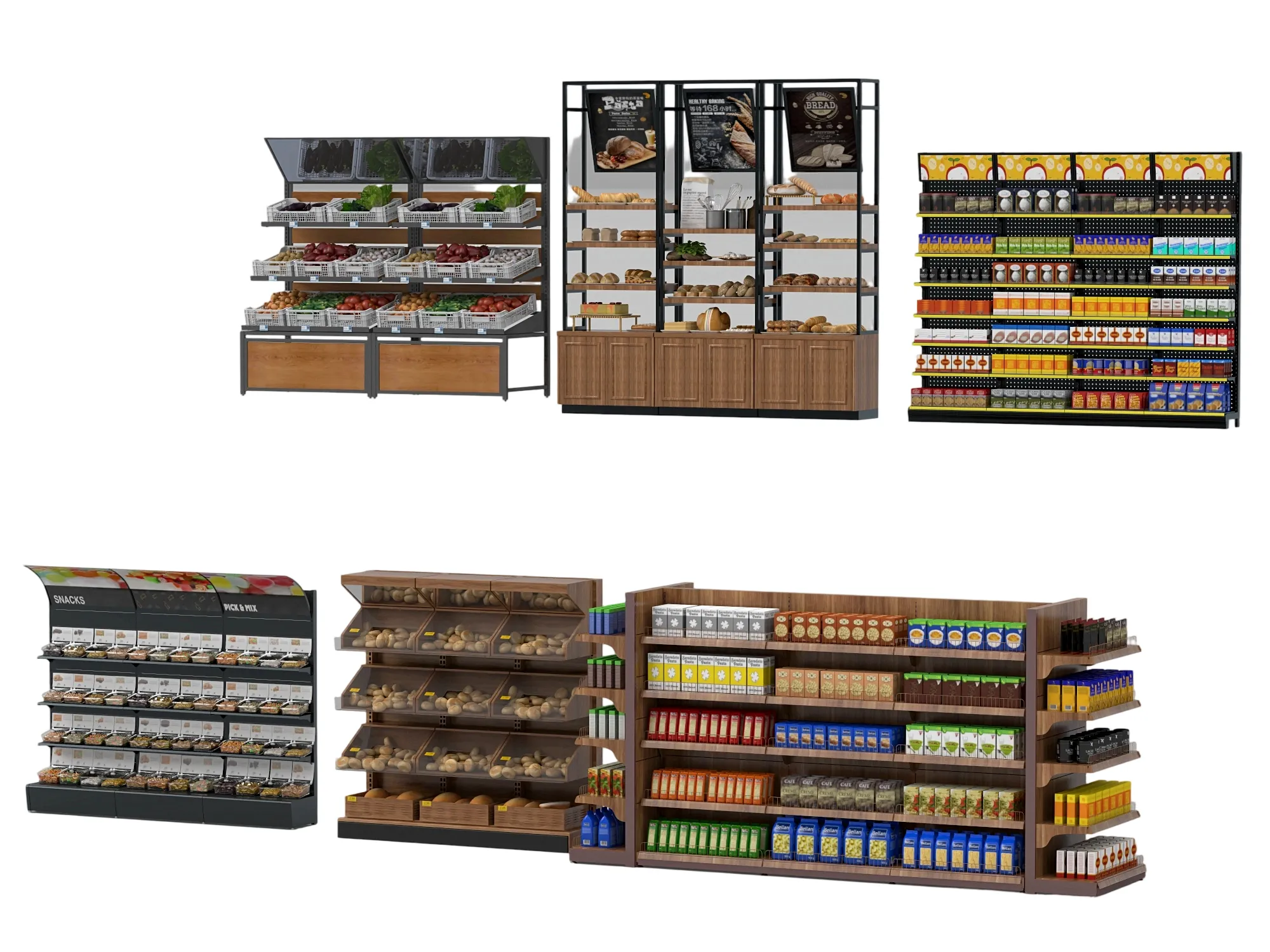 Supermarket Produce Bakery And Snack Shelves Set 3D model