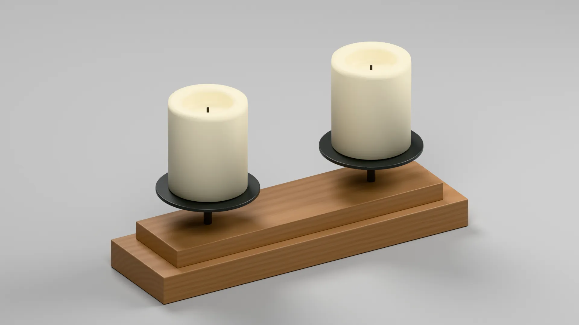 Twin Cream Candles on Black Stands and Stepped Wooden Base Low-poly 3D model