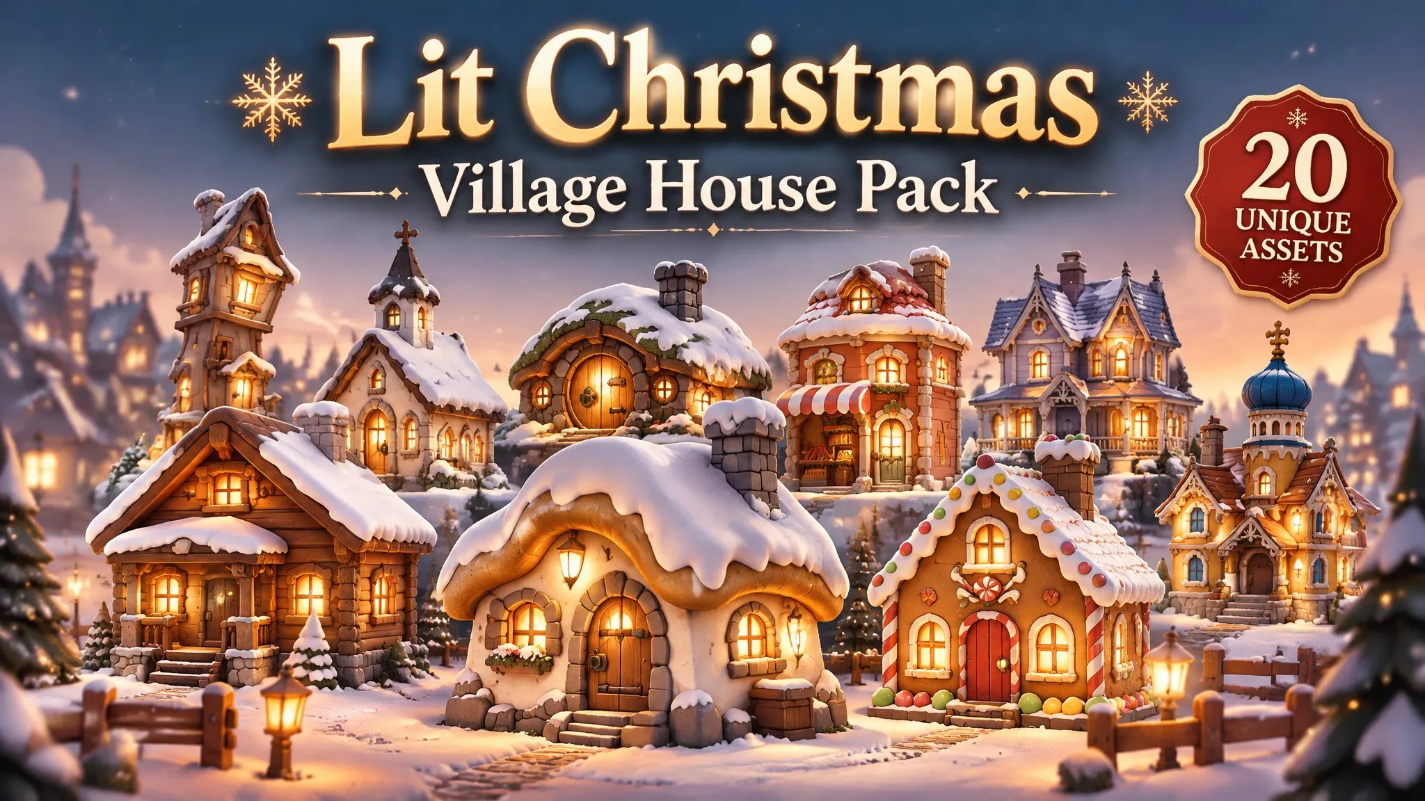 Lit Christmas Village House Pack Low-poly 3D model